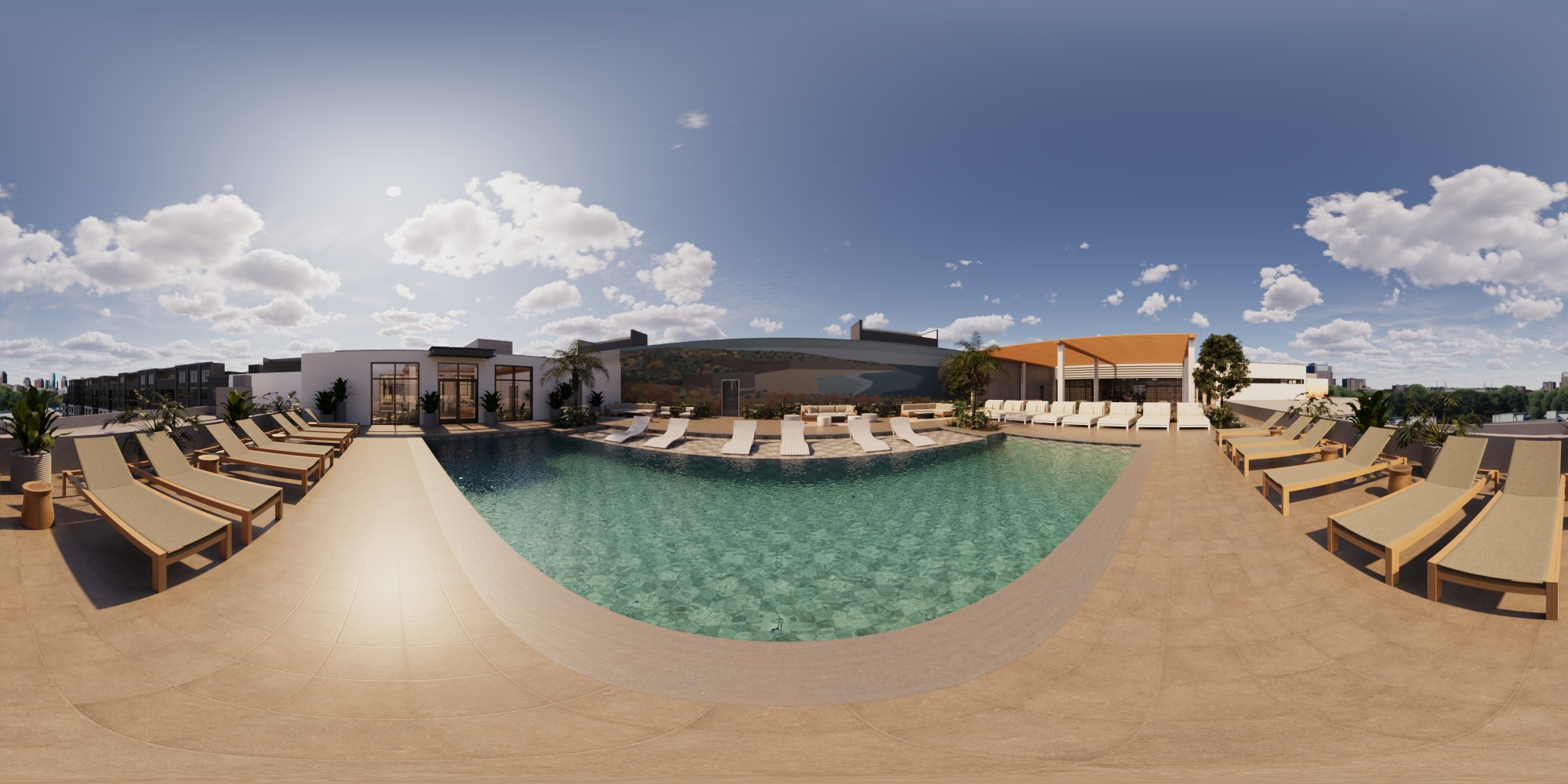 Panoramic views of a pool at an apartment building.